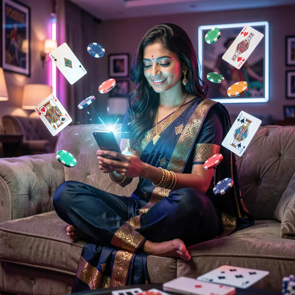 IS77 App – A smooth and engaging mobile casino experience for players in India Focused Indian woman using the IS77 casino app on her smartphone as colorful chips and cards float around her in a cinematic neon scene