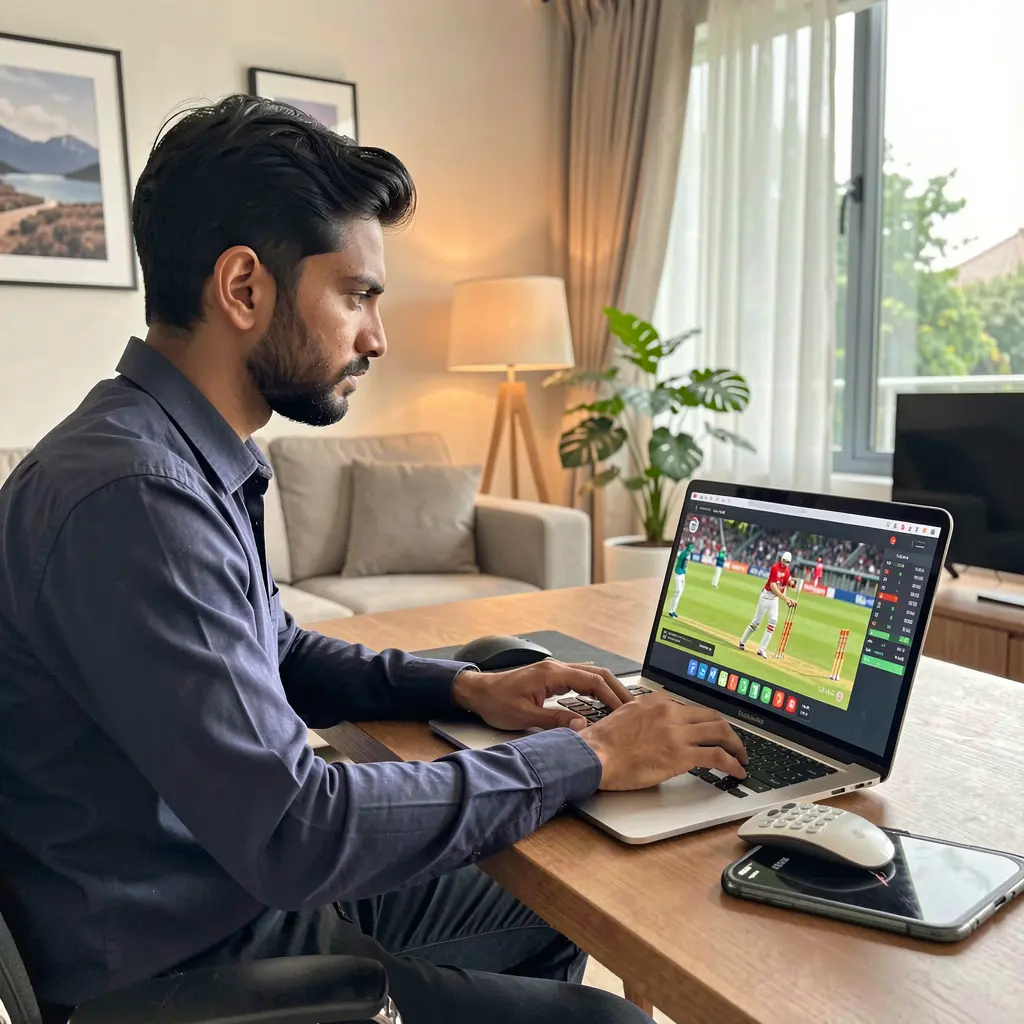 IS77 Bet – Place smart live cricket bets online in India Indian sports bettor analyzing live cricket odds on a laptop with IS77 betting interface in a modern home setting