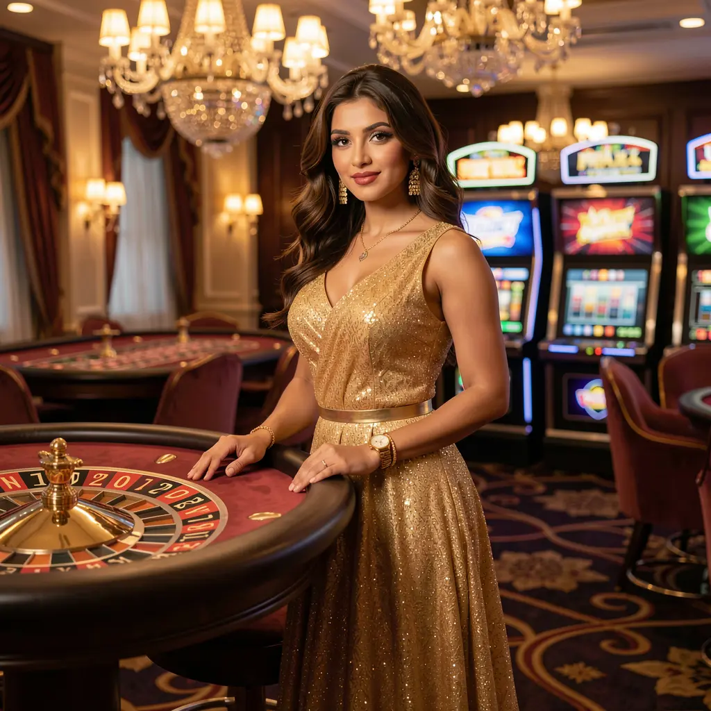 IS77 – Discover premium online casino entertainment for players in India Elegant woman in a gold dress standing by a roulette table in a luxury casino atmosphere highlighting the premium gaming experience at IS77 for players in India