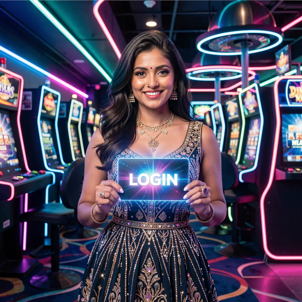 IS77 Login – Secure and stylish access to your gaming account in India Elegant Indian woman in a luxurious red dress holding a glowing login card inside a neon casino atmosphere at IS77 casino India