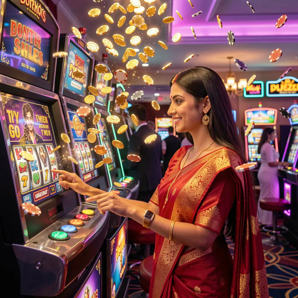 IS77 – Discover immersive slot entertainment designed for Indian players Elegant Indian woman enjoying a vibrant slot machine experience with flying gold coins at IS77 casino highlighting immersive casino entertainment for players in India